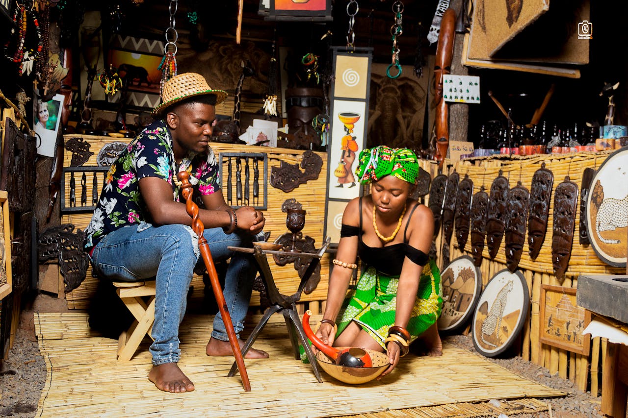 Traditional Zambian marketplace with vibrant crafts and local vendors.